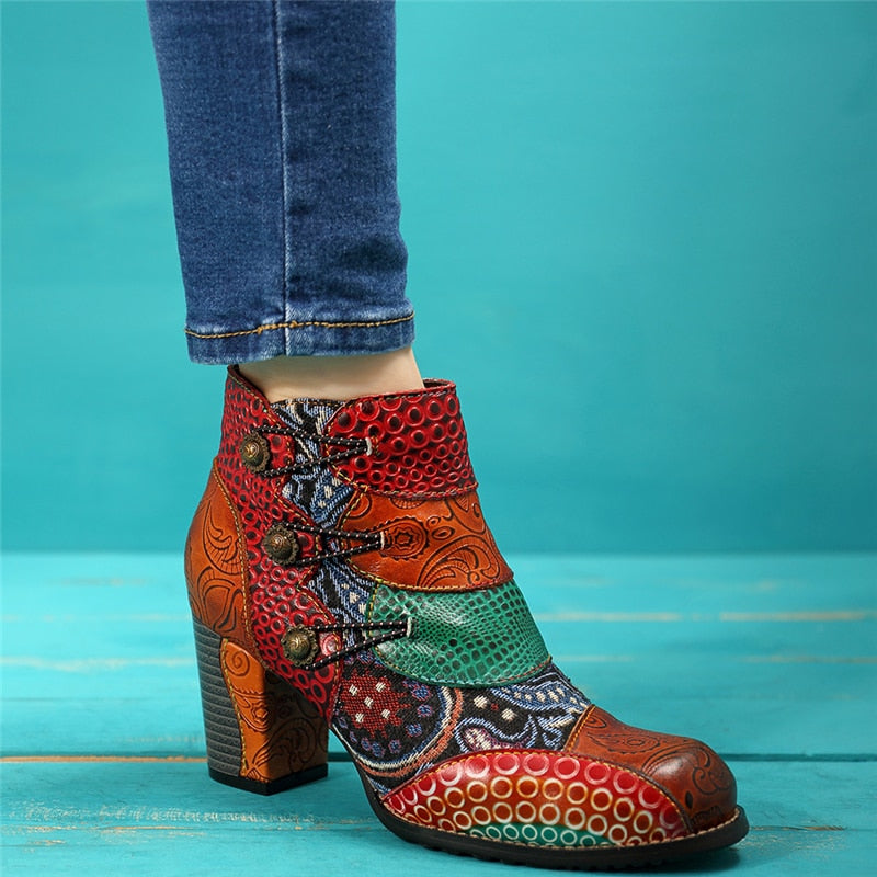Vintage Splicing Printed Ankle Boots For Women Shoes Woman Genuine Leather Retro Block High Heels Women Boots 2020 - LiveTrendsX