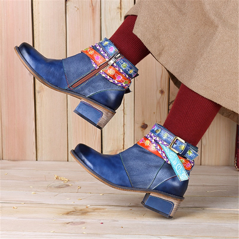 Genuine Leather Women Boots Vintage Bohemian Ankle Boots Women Shoes Zipper Low Heel Ladies Shoes Woman Botas Mujer 2020 - LiveTrendsX