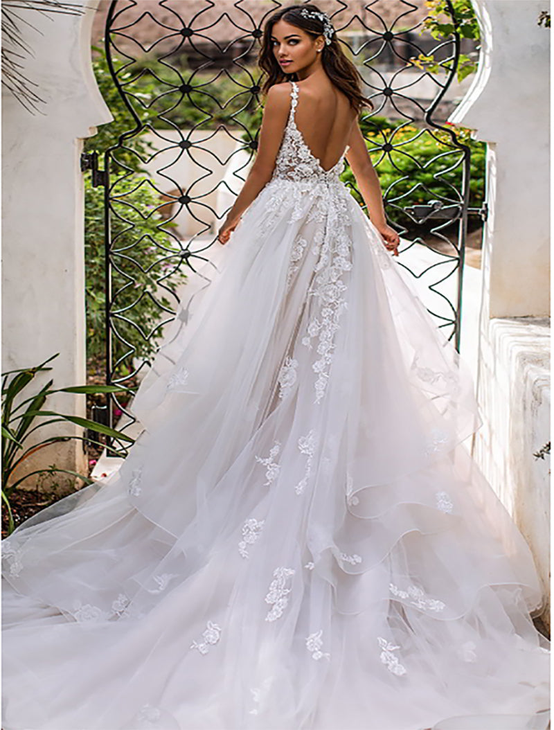 A Line Wedding Dress 3D Flowers Spaghetti Strap Bride Dress Backless Princess Long  Boho Floor Length Wedding Gown - LiveTrendsX