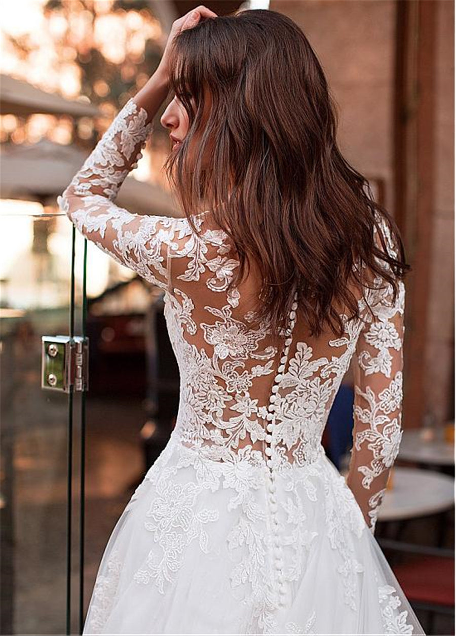 Attractive Tulle Jewel Neckline See-through Bodice A-line Wedding Dress With Lace Appliques & Beadings Long Sleeves Bridal Dress - LiveTrendsX