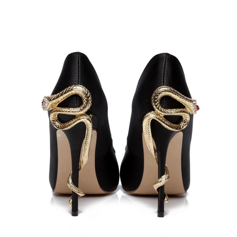 Satin Gold mental snake heel dress shoe unique genuine leather pointed toe high heeled pumps - LiveTrendsX