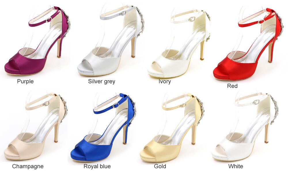 Open toe platform satin dress shoes ankle strap crystals heels