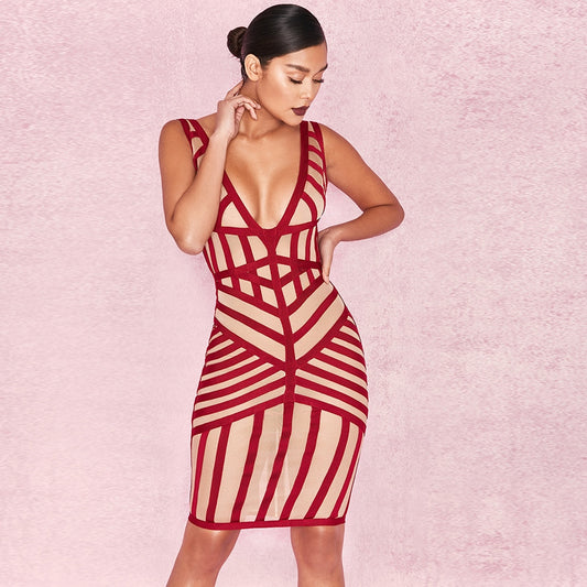 Autumn New Women Dress Sleeveless Strapless Bandage Dress Sexy Bodycon Geometric Dress Celebrity Party Red Dresses Vestidos - LiveTrendsX