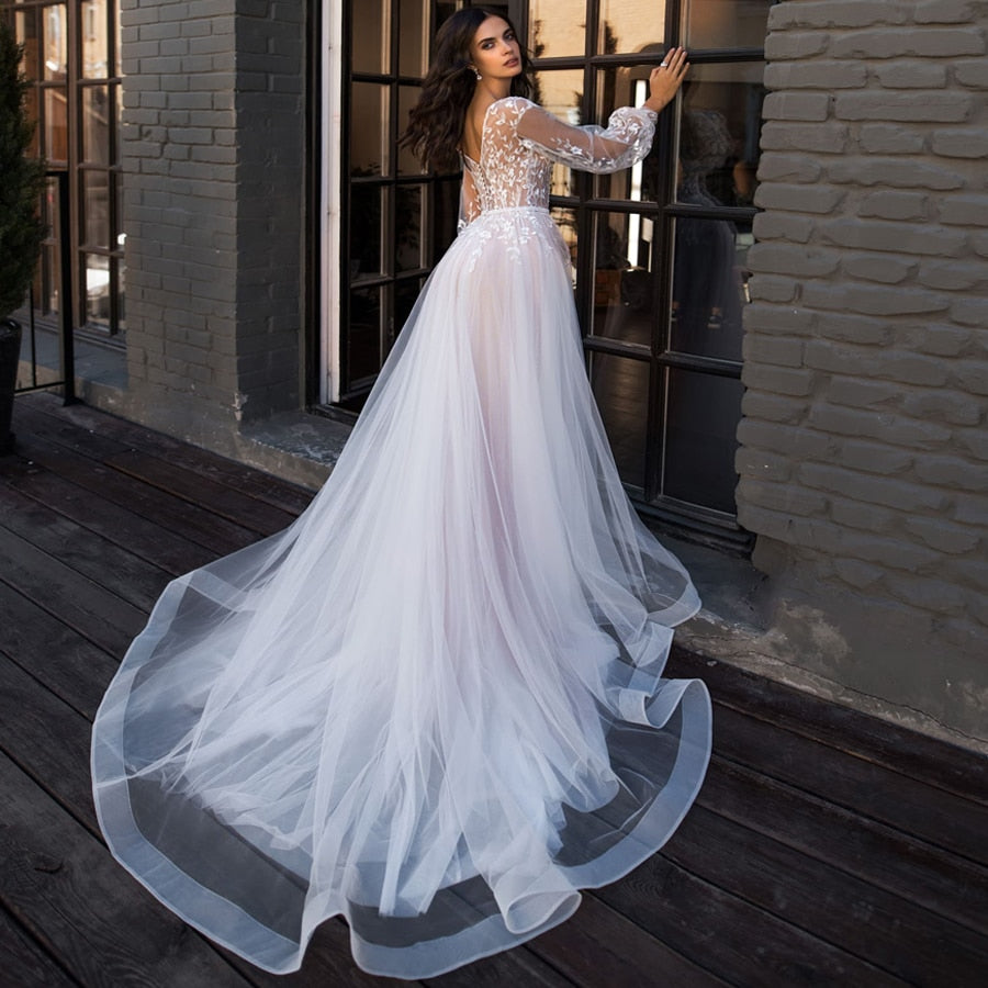 Boho Wedding Dress Puff Long Sleeves A-Line Appliques Floor Length Bride Dress Custom Made Princess Wedding Gown - LiveTrendsX