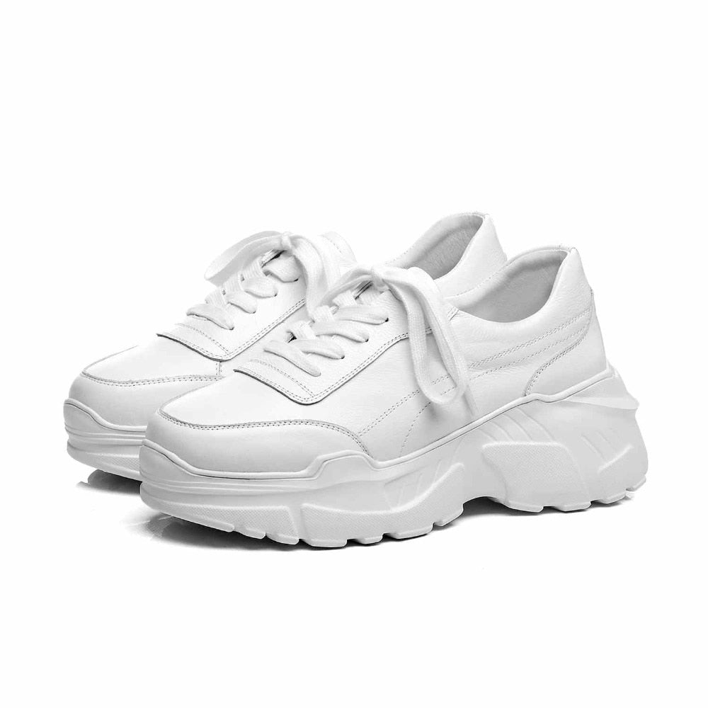 full grain leather platform streetwear superstar lace up round toe white sneakers leisure vulcanized shoes L97 - LiveTrendsX