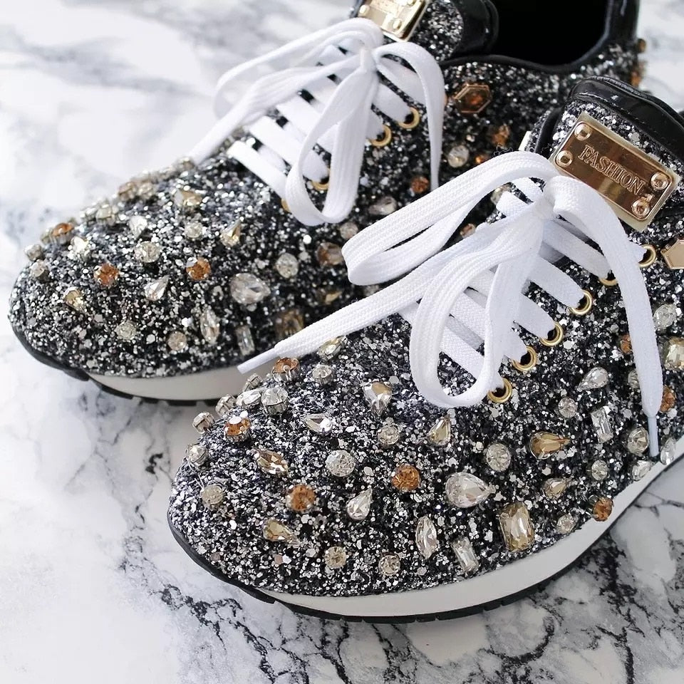 New Luxury Rhinestones Sneakers Lace Up Flat Shoes Woman Bling Mixed Color Crystal Paillette Cozy Women Casual Shoes - LiveTrendsX