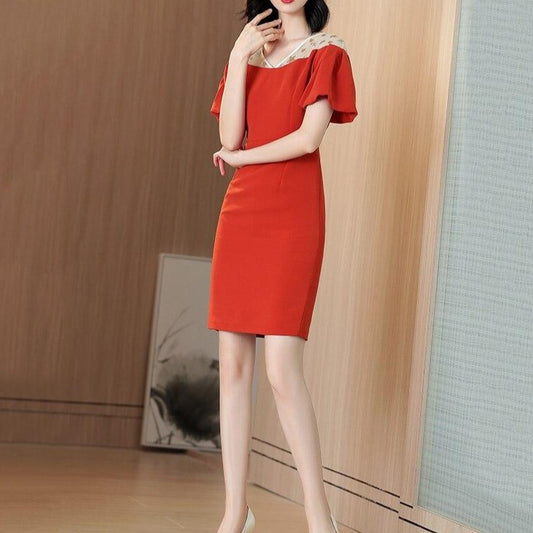 French red dress with split hips  new summer slim v-neck dress - LiveTrendsX