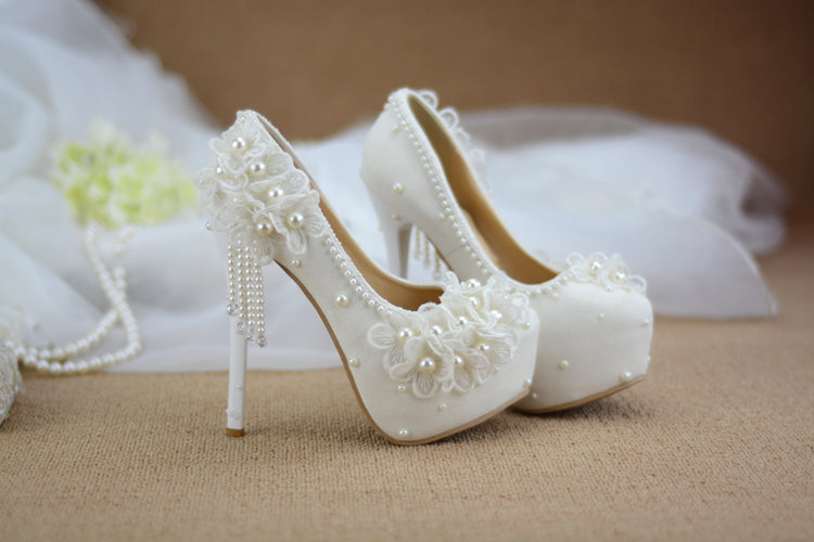 Bridesmaid shoes wedding dress lace white sweet flower tassel female womens shoes 6cm 8cm 11cm 14cm high heel Big size 43 - LiveTrendsX