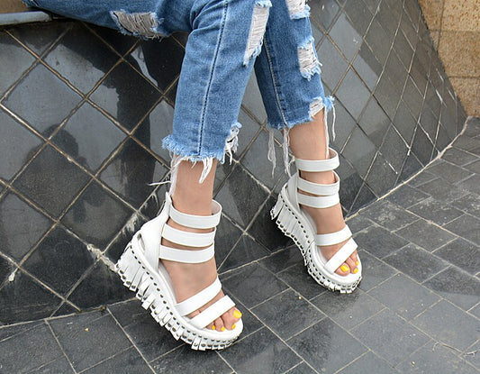Women Wedge Sandals Summer Ankle Strap High Heel Platform Pump Shoes Woman Real Leather Tassels Rivet Sandal - LiveTrendsX