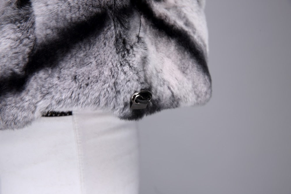 women real rex rabbit fur jacket short coat Chinchilla color with stripe warm winter  classic furry soft fluffy - LiveTrendsX