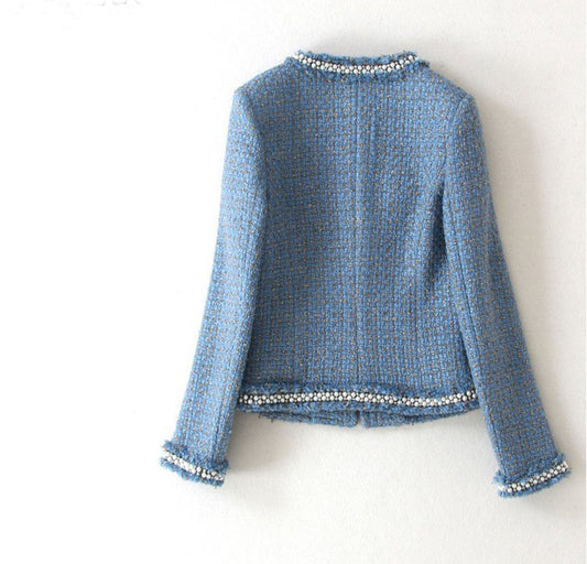 Women's Luxury Blue tweed jacket runway long sleeve with pearls coat designer high quality elegant formal coat