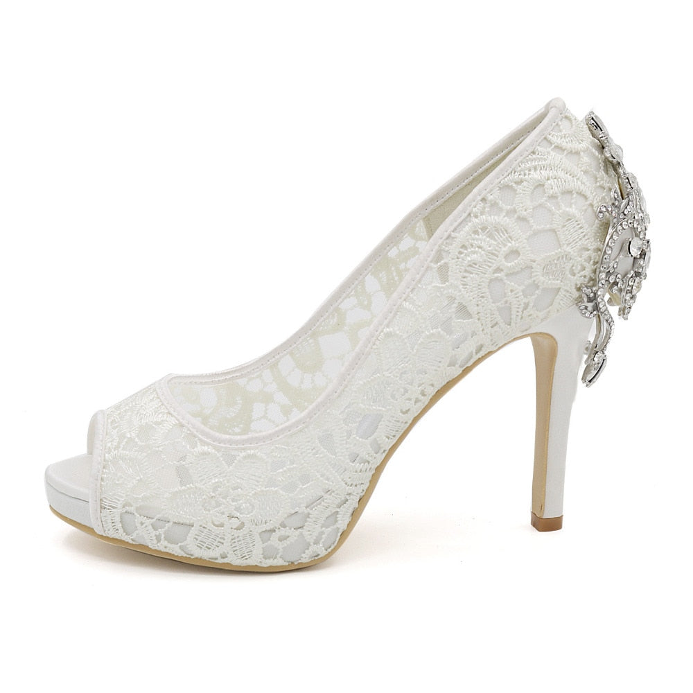Lady platform open toe lace pumps with crystal