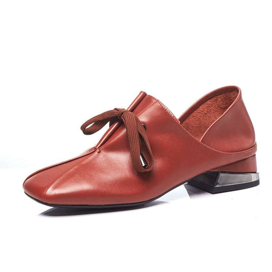 plus size genuine leather low heels lace up classic square toe chunky low heels pumps vintage party casual shoes - LiveTrendsX