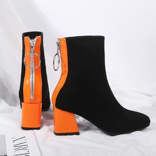 contrast color orange black block high heels shoes woman stretch fabric women ankle boots socks booties size 45 46 - LiveTrendsX