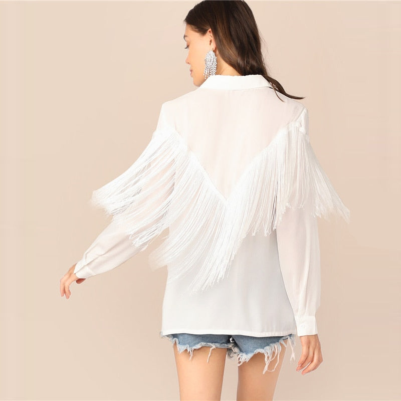 Chevron Fringe Trim Women Shirts Ladies Tops Long Sleeve Placket Spring Summer White Blouse Casual Solid Shirt - LiveTrendsX