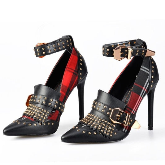 Women's Pumps High Tartan Heels Plaid Dress Shoes with Rivets Ankle Strap Buckle Women Shoes - LiveTrendsX
