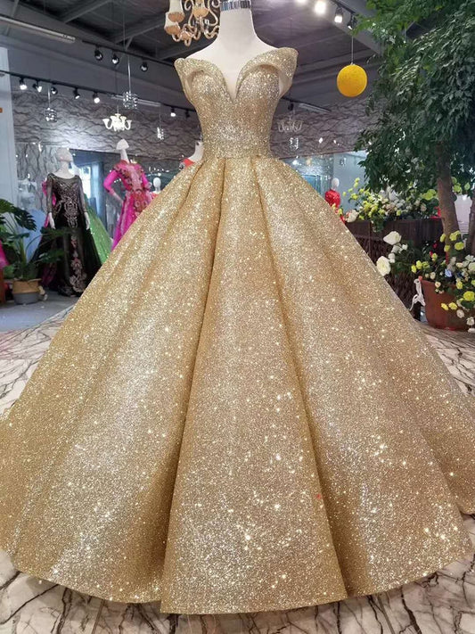 luxury dubai shiny dress women occasion off the shoulder sweetheart golden glitter ball dress curve shape high quality - LiveTrendsX