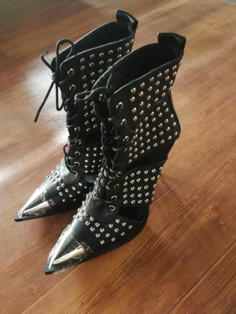 black genuine leather metal high heel ankle boots woman punk rivet lace up boots women sexy hollow out boots - LiveTrendsX