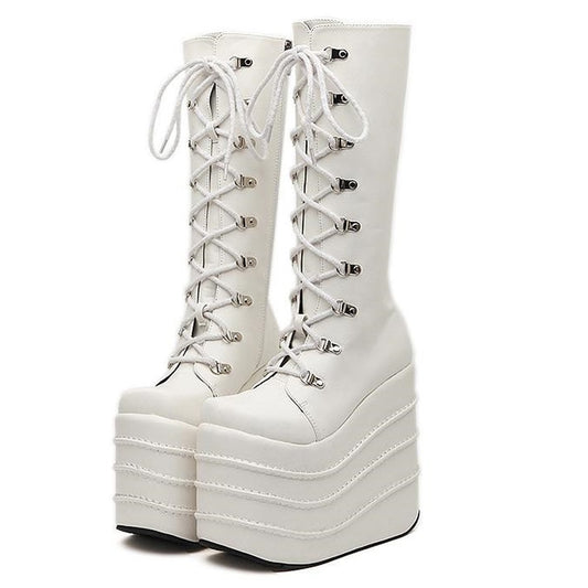 Womans Boots White/Black Cosplay Boots Square Toe Wedges Platform Pu Leather Knee High Boots Women Shoes High Heel 16cm - LiveTrendsX