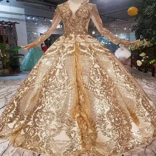 luxury floor length queen prom dresses  curve shape ball gown sparkly golden sequined evening party dresses with glitter - LiveTrendsX