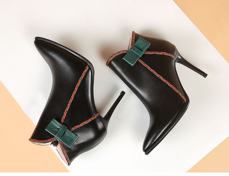 nature leather stiletto boots women pointed toe high heels 8cm butterfly knot ankle boots green ladies shoes - LiveTrendsX