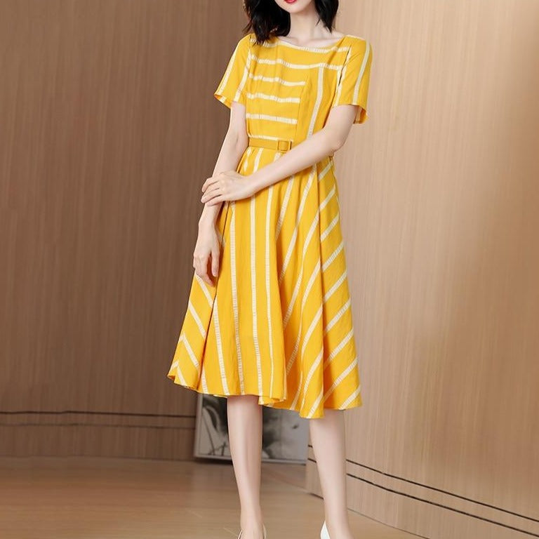 Striped yellow dress in the long temperament new summer short sleeves waist a-line skirt - LiveTrendsX
