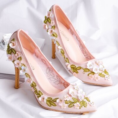 elegant bridal champagne flower high heel wedding shoes pointed toe flower high heel wedding bridal shoes flower high heel shoes - LiveTrendsX