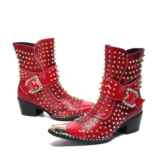 Designer Brand Rivets Men Genuine Leather Mid-boot Pointed Toe Cowboy Motorcycle Boots British Party Dress Boots - LiveTrendsX