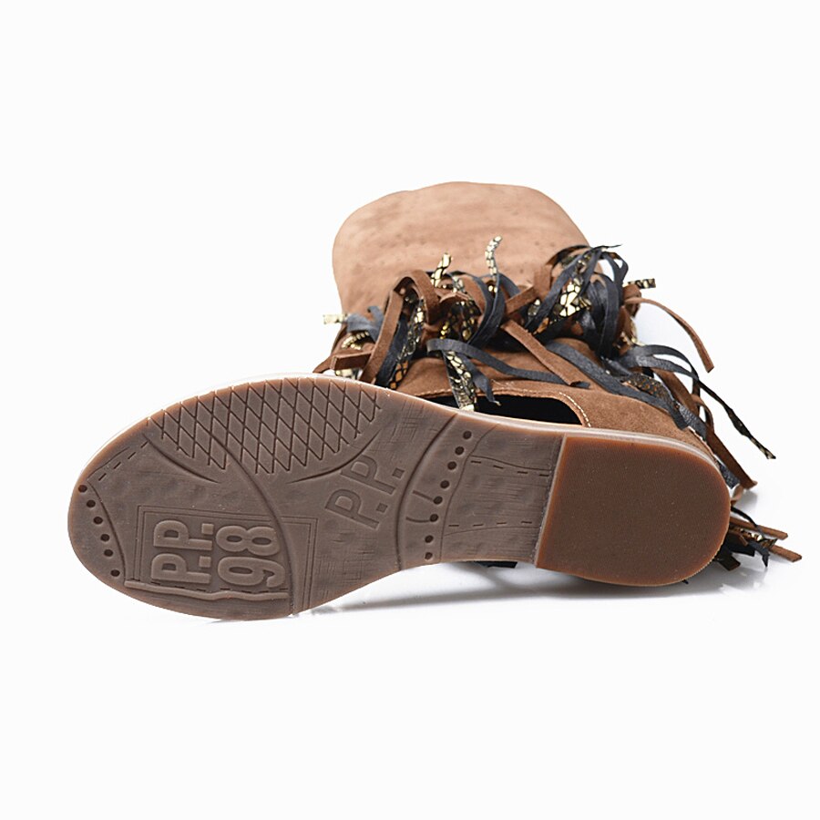 suede fringe clip toe sandals boots women carving hollow side zip flat heel summer boot females gladiator sandals - LiveTrendsX