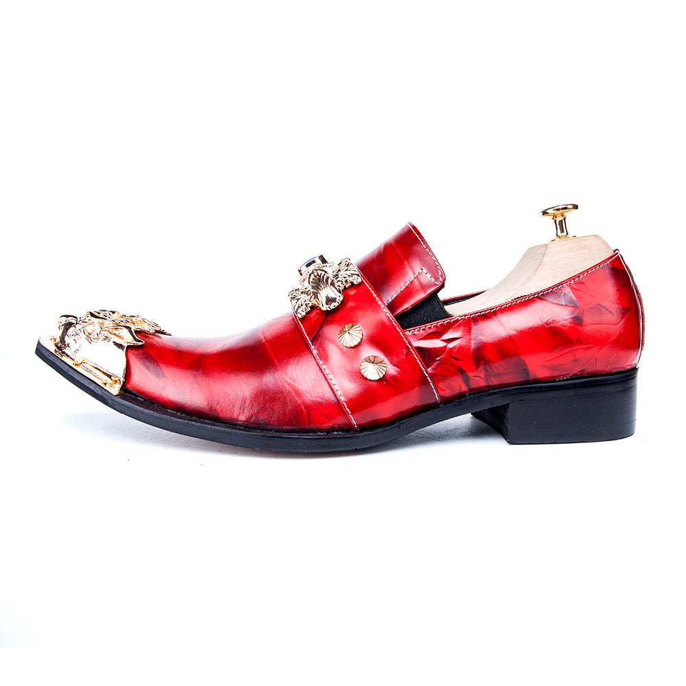 Luxury Italian Men Business Shoes Pointed Toe Formal Dress Shoes Metal Charm Genuine Leather Party Men Shoes Red - LiveTrendsX