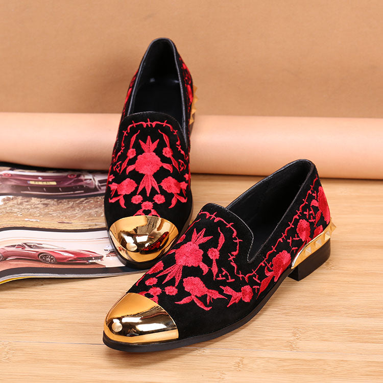 Black Embroidery Suede Leather Men Loafers  Floral Men Vintage Loafers Men's Casual Shoes Men's Flats - LiveTrendsX