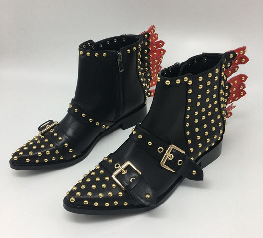 New Ladies Punk Metal Rivets Studs Back Strappy Boots Pointed toe Ankle Boots Belt Buckle Women Motercycle Bottines Shoes Woman - LiveTrendsX