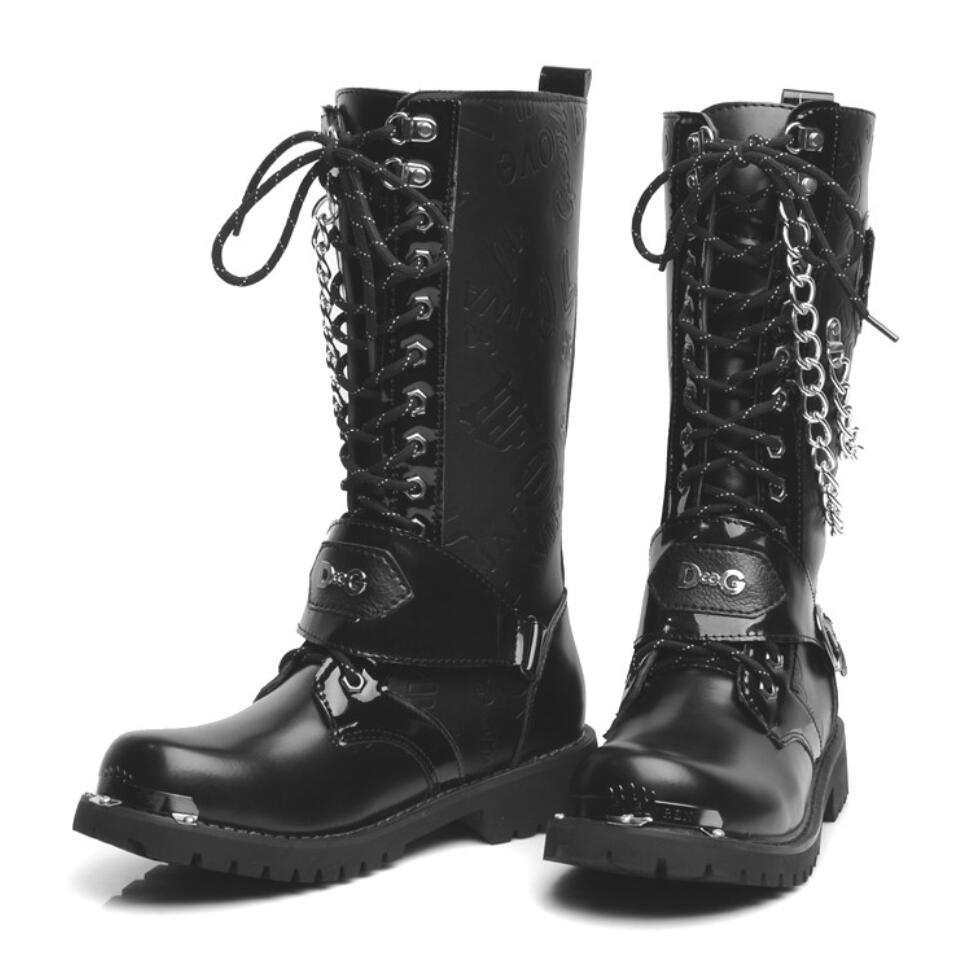 Army Boots Men High Military Combat Men Boots Mid Calf Metal Chain Male Motorcycle Punk Boots Spring Men's Shoes Rock - LiveTrendsX