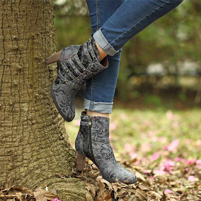 Fashion Rivet High Heel Ankle Boots For Women Shoes Woman Pointed Toe Zipper Splicing Genuine Leather Winter Boots Mujer - LiveTrendsX