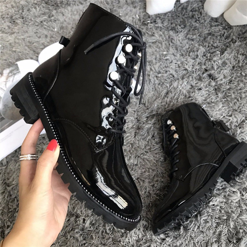 Genuine Leather Thick Heel Round Toe Lace Up Winter Boots Superstar Luxury Punk Rock Metal Rivets Fasteners Ankle Boots - LiveTrendsX
