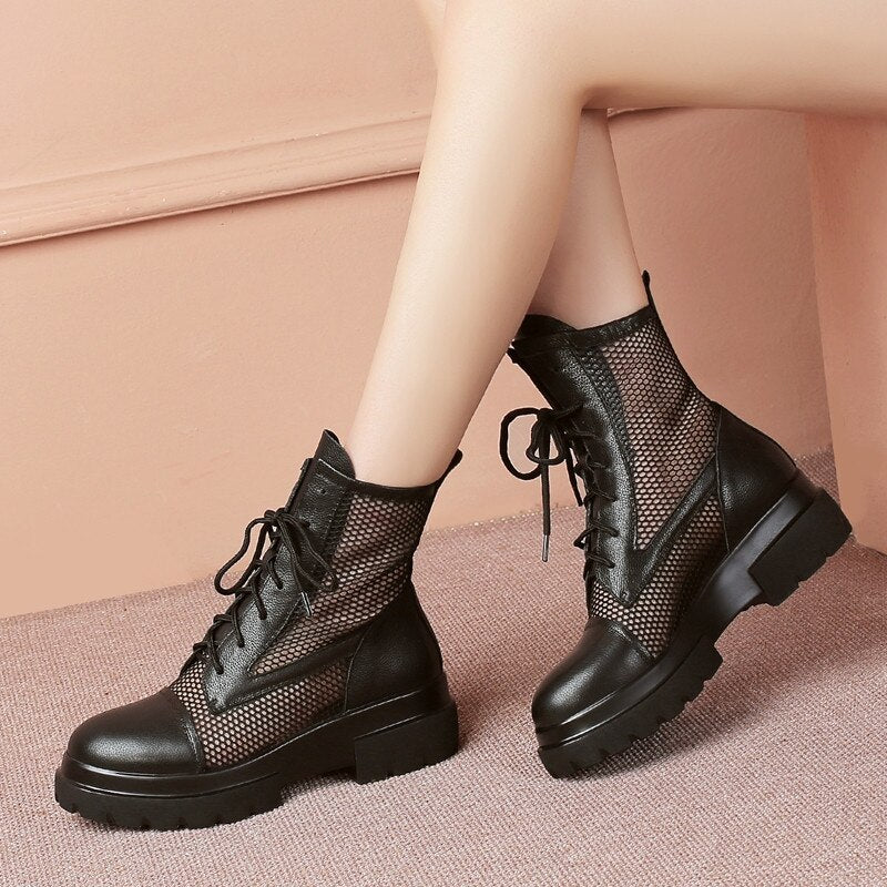 new ankle boots for women round toe lace up mesh+genuine leather shoes platform summer women boots big size 34-42 - LiveTrendsX