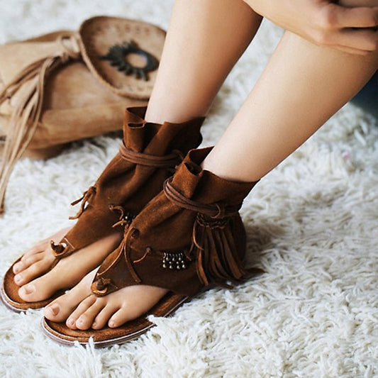 Bohemia Lady Summer Sandalias Thong Slip On Tassel Fringe High Quality Suede Leather Boots Sandal Femme Shoe - LiveTrendsX
