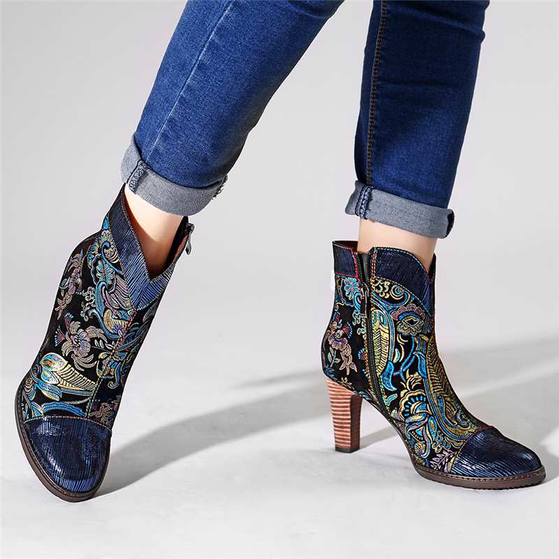 Retro Printed Sheep Women Boots Leather Boots Women Shoes Woman Vintage Block High Heels 8cm Ankle BootsZapatos De Mujer - LiveTrendsX
