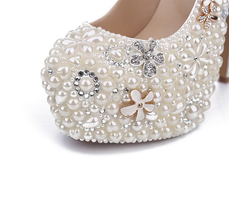 White Pearl Wedding Shoes Wholesales New Beautiful Flower Rhinestone Bridal Shoes Platform High Heels Big Size Women Pumps - LiveTrendsX