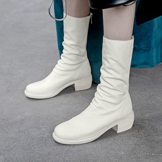 Cow Leather Boots Women Mid-Calf Boot Zip Square Toe Shoes Female Casual Thick Heels Shoes Ladies Shoes Autumn 2020 New - LiveTrendsX