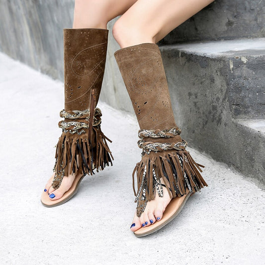suede fringe clip toe sandals boots women carving hollow side zip flat heel summer boot females gladiator sandals - LiveTrendsX