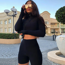 Load image into Gallery viewer, long sleeve zipper high neck elastic sexy crop tops shorts 2-pieces 2018 summer autumn women fashion casual sports sets - LiveTrendsX
