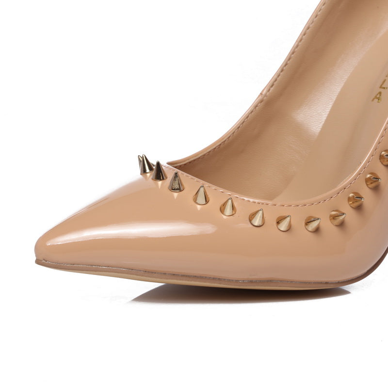 nude genuine leather pointed toe studded pumps rivets high heel dress shoe - LiveTrendsX