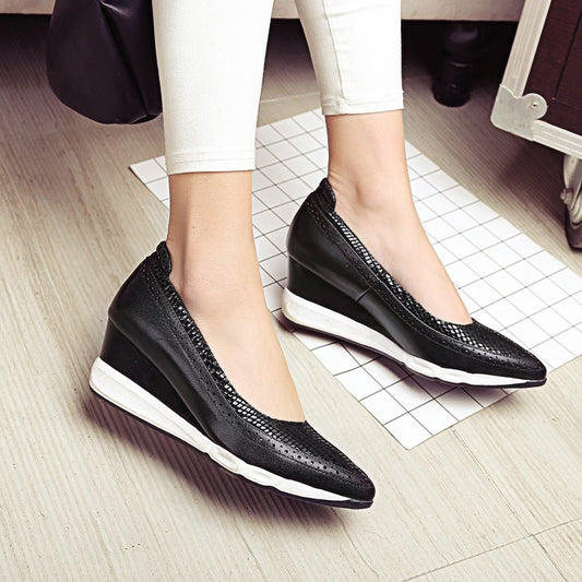 hot sale genuine leather pointed toe wedges heel platform women pumps spring fashion high heels high heel shoes - LiveTrendsX