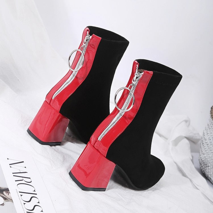 contrast color orange black block high heels shoes woman stretch fabric women ankle boots socks booties size 45 46 - LiveTrendsX