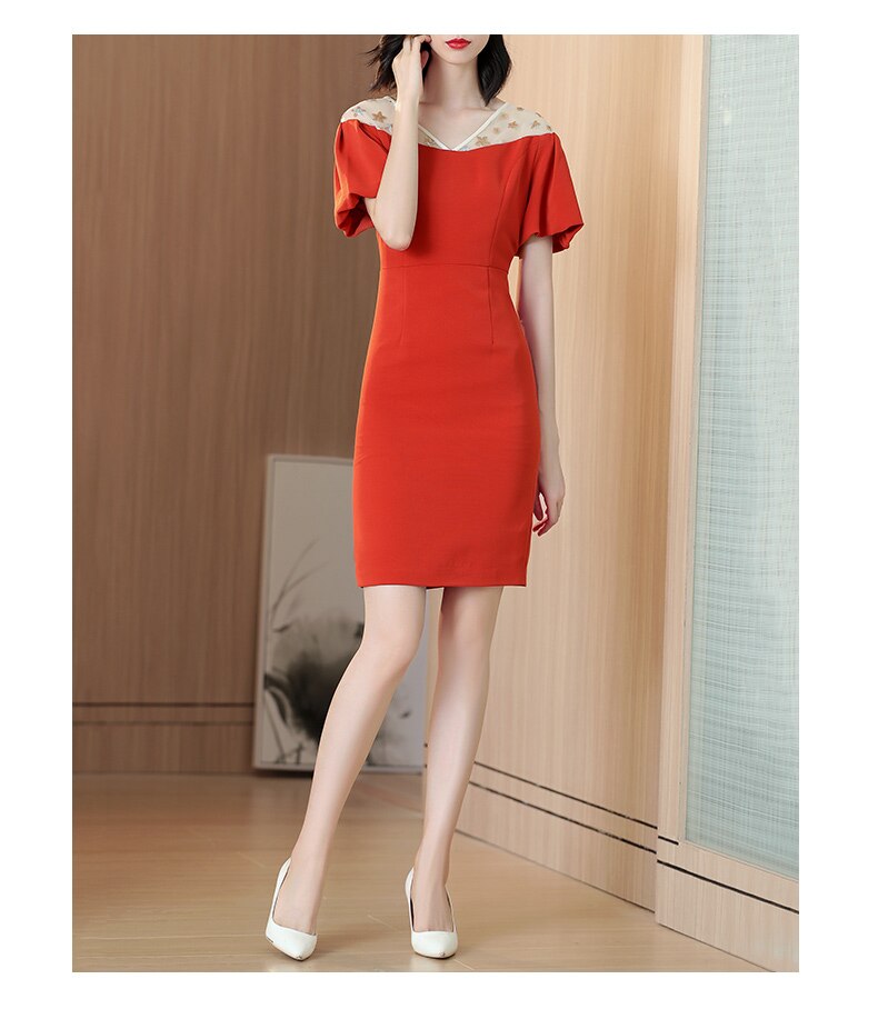 French red dress with split hips  new summer slim v-neck dress - LiveTrendsX
