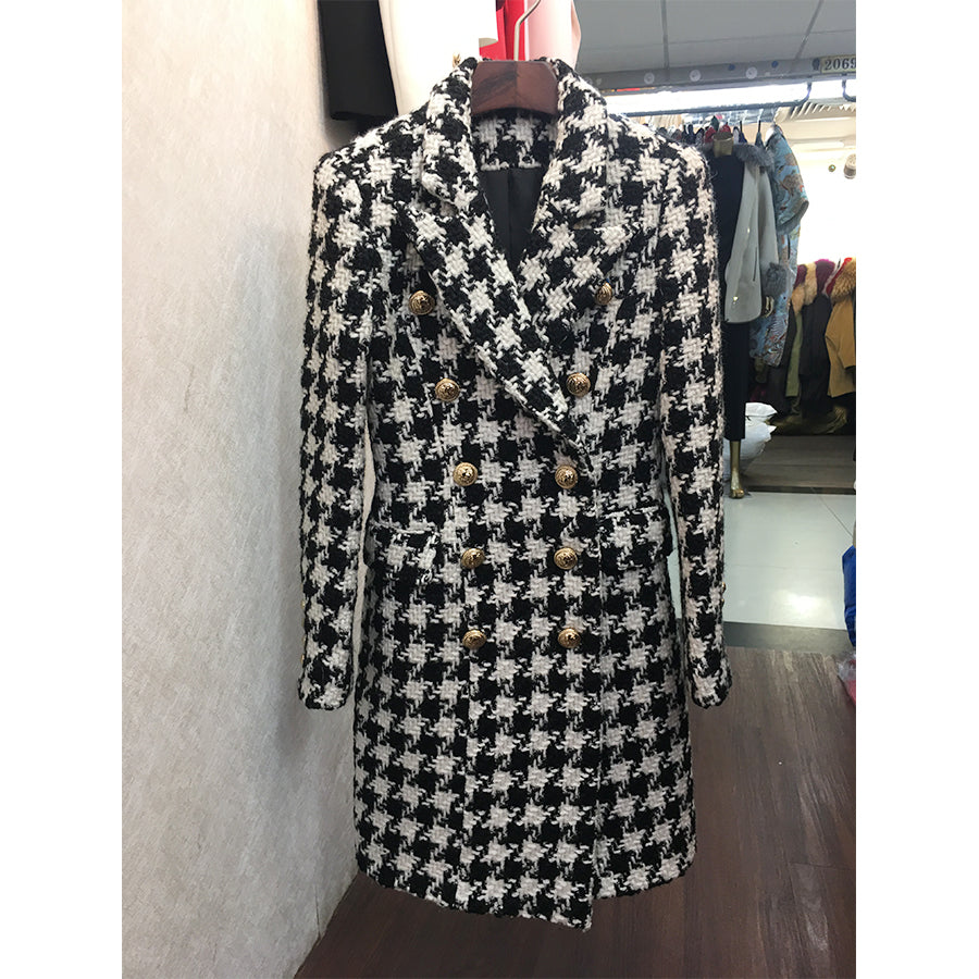 HIGH QUALITY New Stylish 2020 Designer Wool Coat Women's Double Breasted Lion Buttons Houndstooth Tweed Long Coat - LiveTrendsX