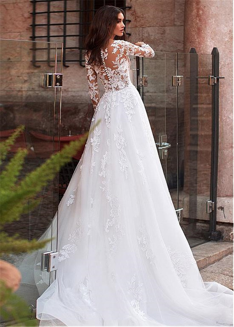 Attractive Tulle Jewel Neckline See-through Bodice A-line Wedding Dress With Lace Appliques & Beadings Long Sleeves Bridal Dress - LiveTrendsX