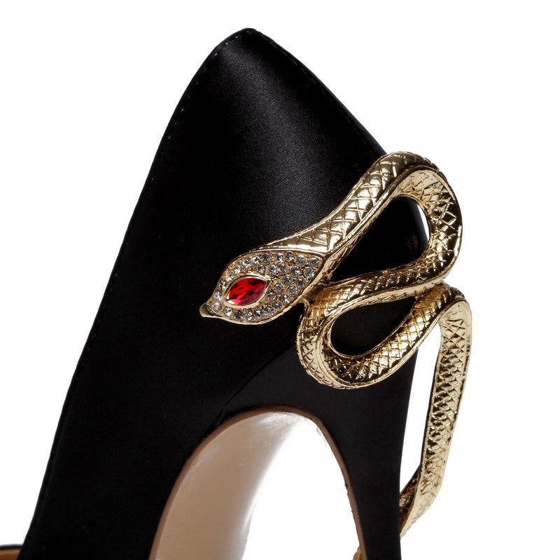 Satin Gold mental snake heel dress shoe unique genuine leather pointed toe high heeled pumps - LiveTrendsX