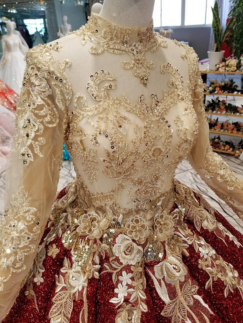 shiny burgundy evening dress  long sleeve high neck golden flowers wine red ball gown muslim women occasion dresses - LiveTrendsX